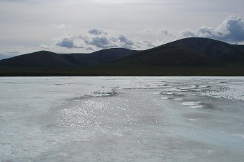 Water on top of some ice.