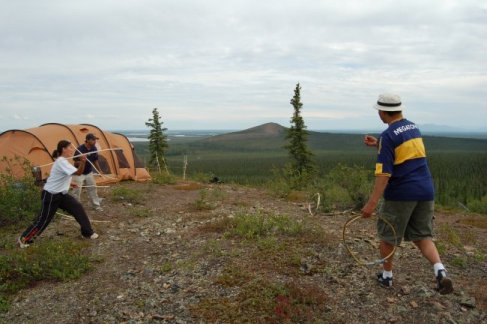 Playing the hoop game.